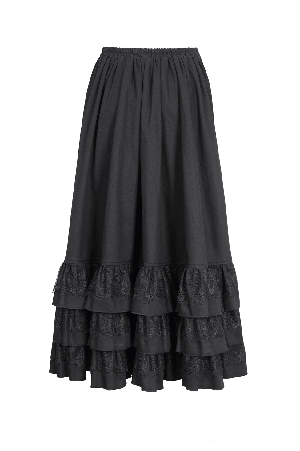 Front full view of solid black ruffle midi gothic skirt on unstyled mannequin display, featuring elastic waistband and multi-layer ruffled hem