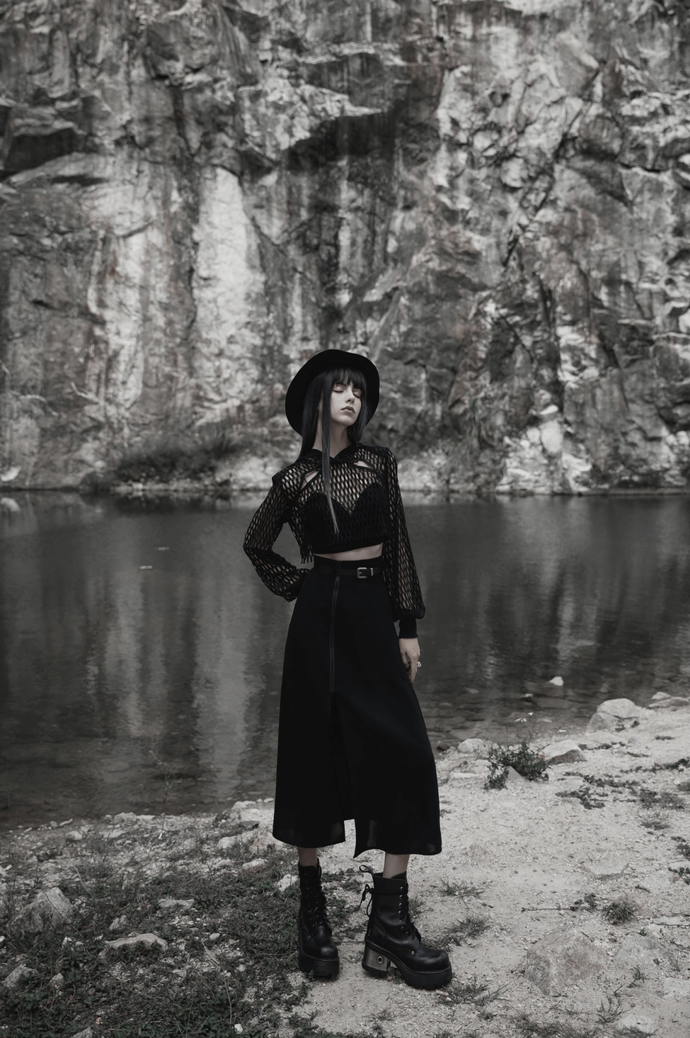 Black gothic A-line midi skirt with concealed anti-slip inner sticker and adjustable dual-end zipper system product display detail