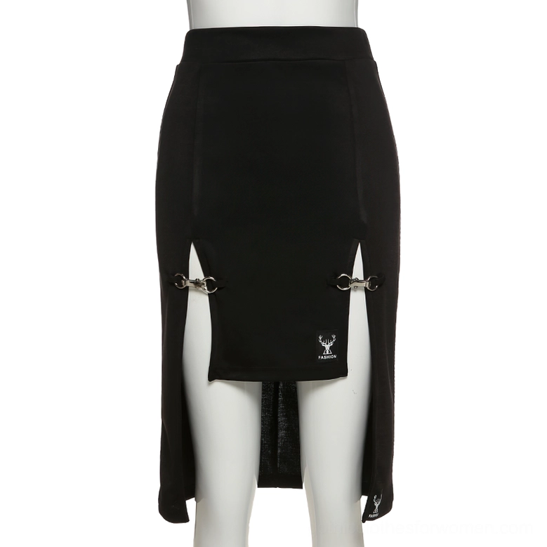 Side front angle of gothic midi skirt showing asymmetric hem and metal buckle fastenings