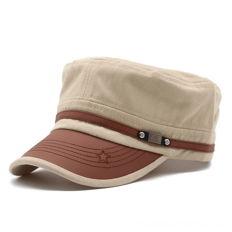Beige gothic military flat-top cap with leather closure, front view