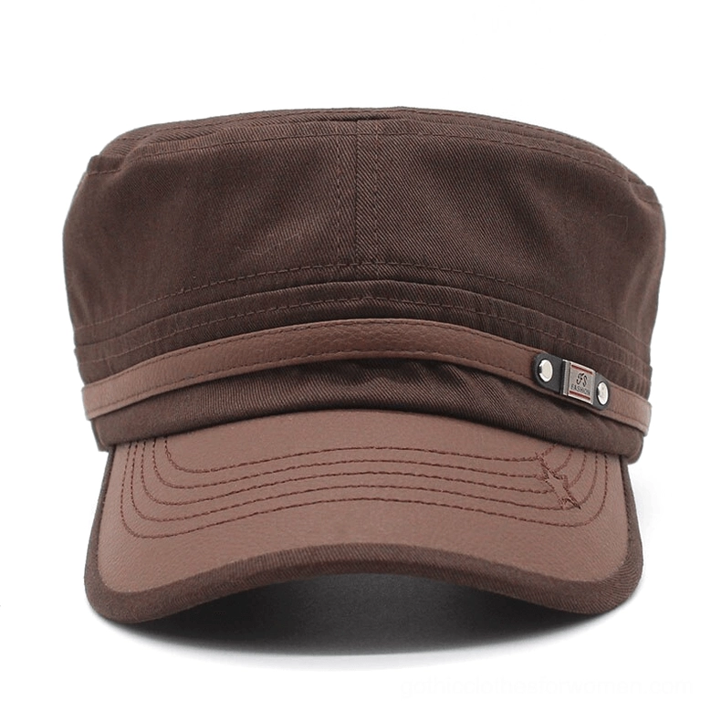 Brown gothic military cap front and detail view showcasing metal badge and stitching