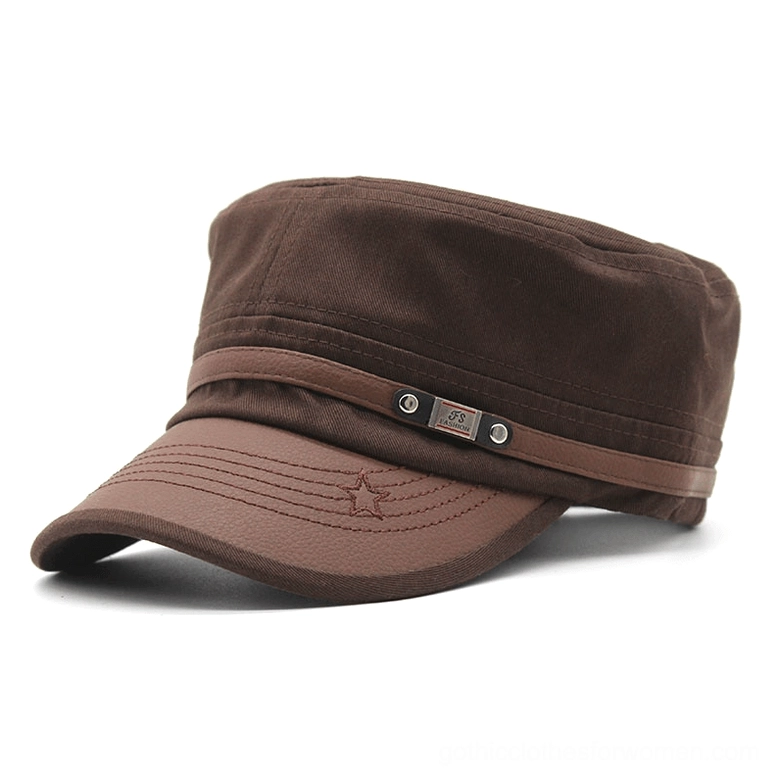 Brown gothic military flat-top cap with metal badge and adjustable strap, front view