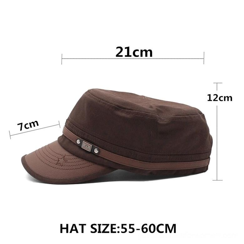 Brown gothic military flat-top cap side view with adjustable leather strap detail