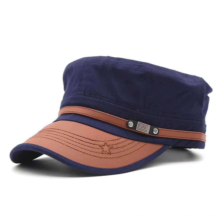 Navy blue gothic military flat-top cap with star embroidery detail, front view