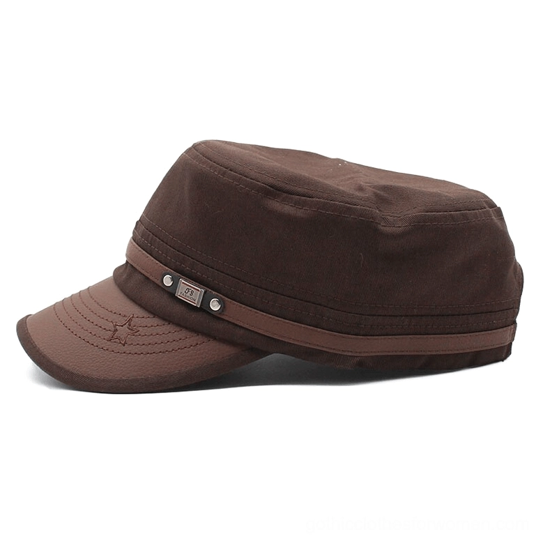 Brown gothic military flat-top cap rear view showing leather strap construction