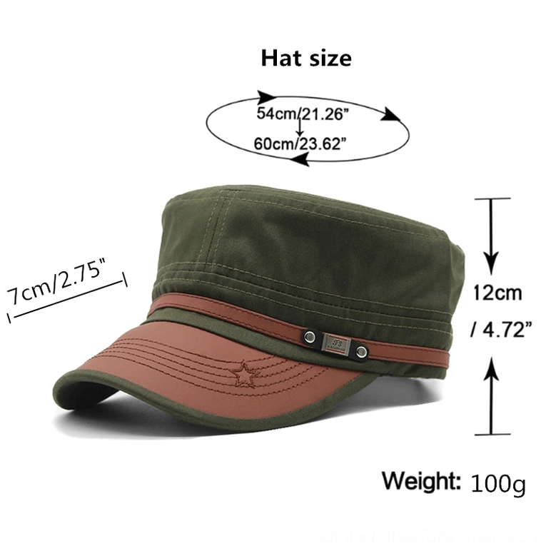 Army green gothic military cap side profile showing flat-top architecture and leather strap