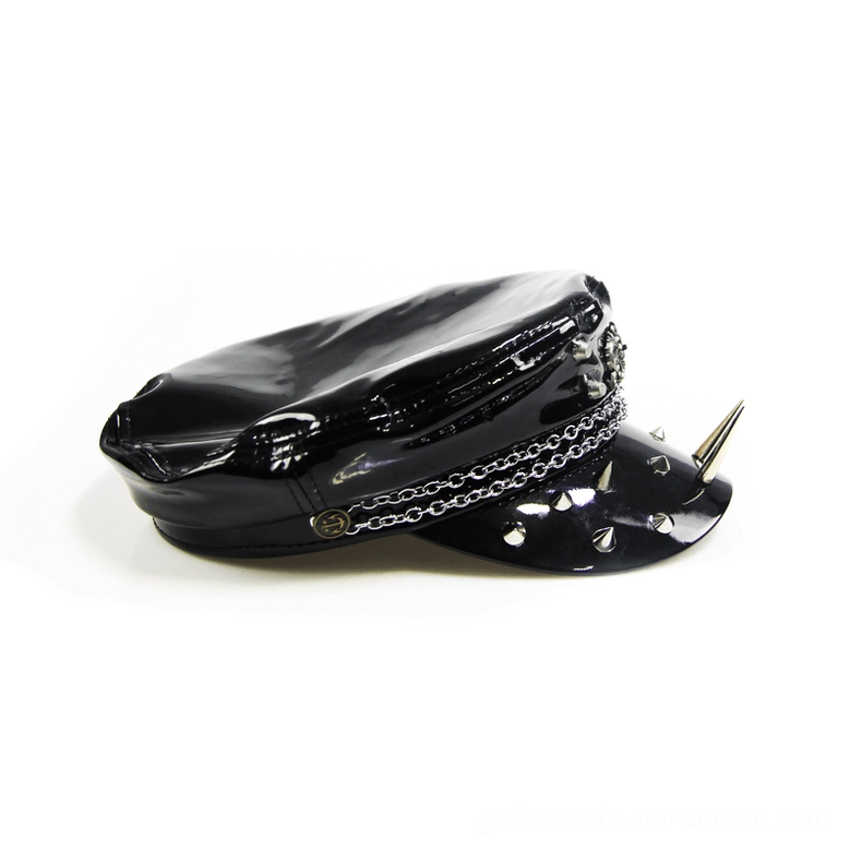 Spiked brim construction with branded rear button detail on black military gothic hat - right side view