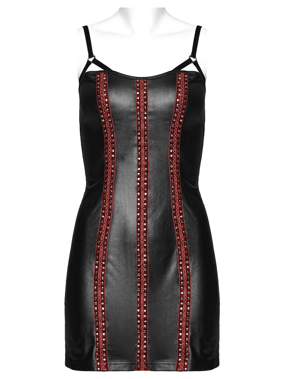 Black gothic bodycon mini dress front on dress form showing triple red riveted trim and adjustable straps