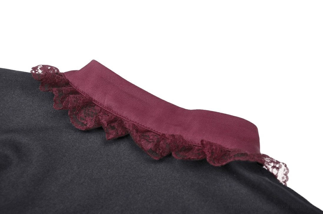 Burgundy ruffle lace edge trim detail on black gothic mini dress fabric
