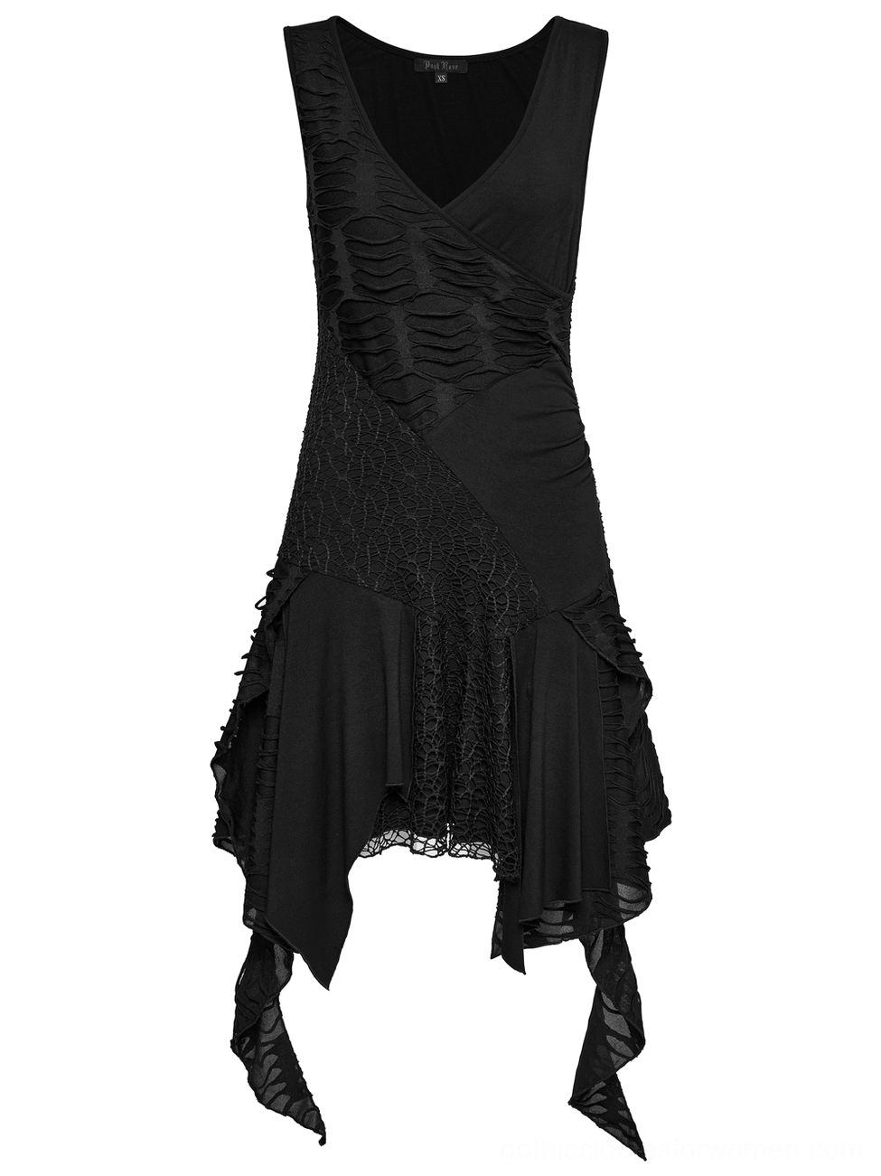 Black gothic sleeveless mini dress with deep V-neck and asymmetric ruffled hem, front flat lay detail view
