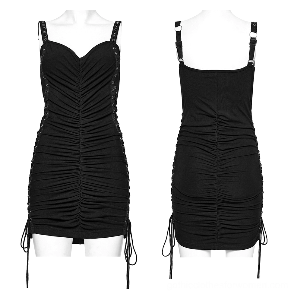 Black ruched slip dress front and back dual mannequin display showing fitted silhouette and drawstring hem