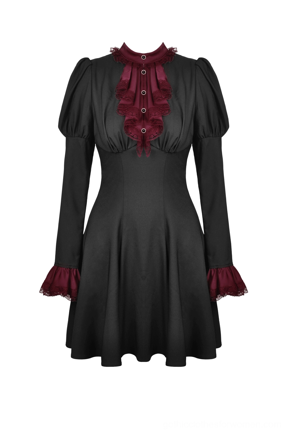 Gothic mini dress flat lay front view, featuring stand collar with burgundy lace ruffle and voluminous puff sleeves