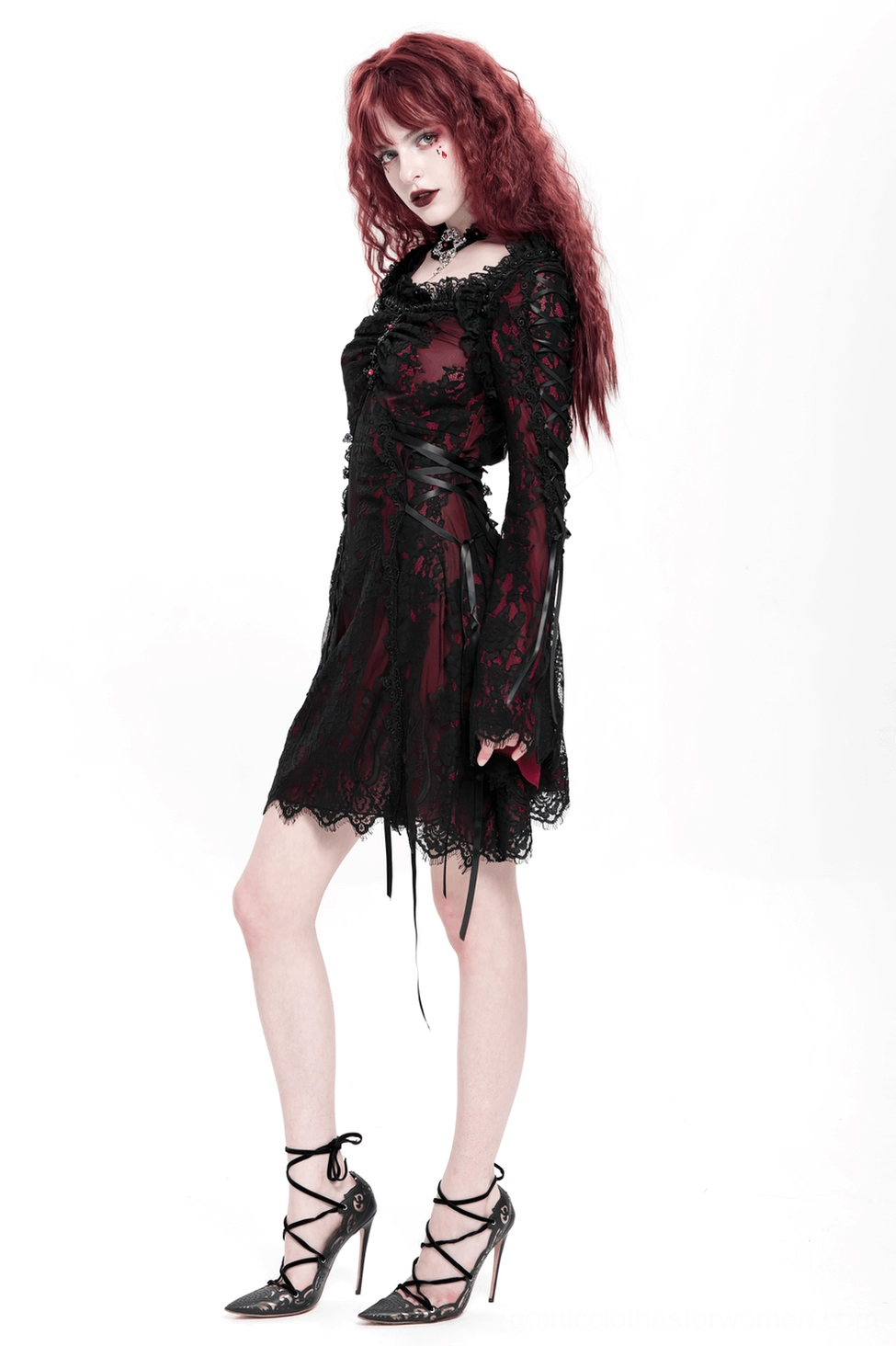 Gothic mini dress styling detail showing full-length view with fitted bodice and wine-red-to-black color palette