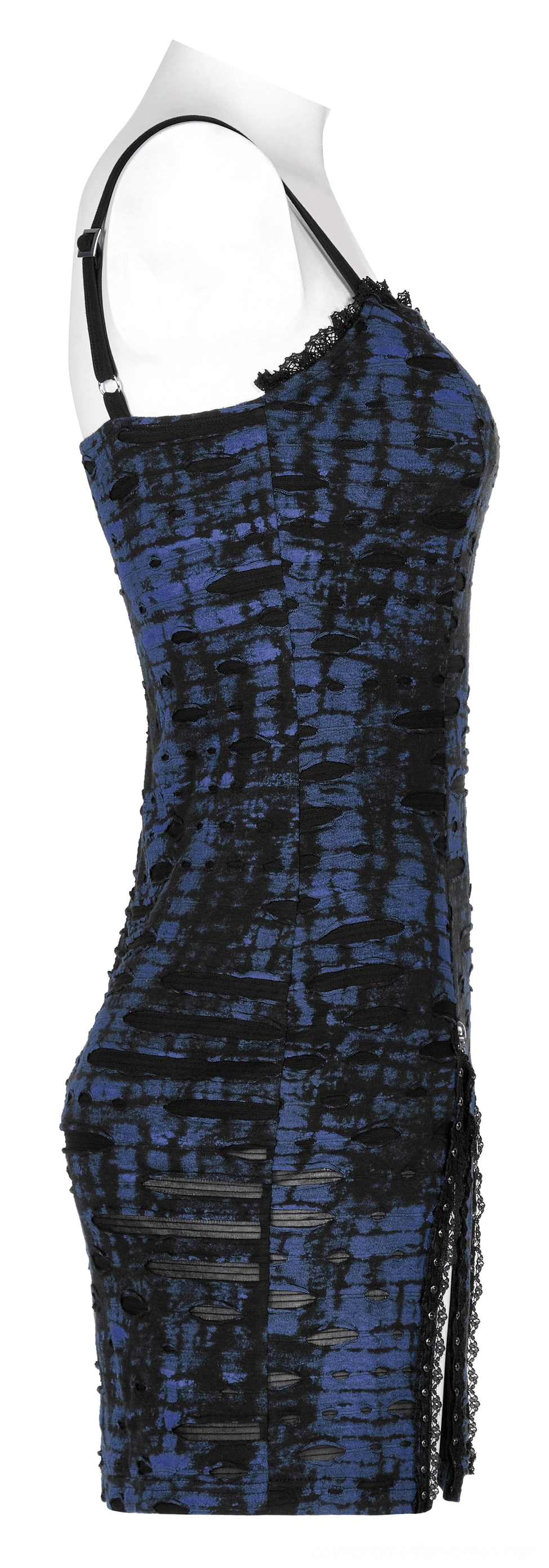 Gothic mini dress side view showing lace hem trim, distressed tie-dye texture, and high side slit detail