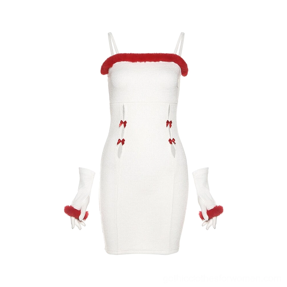 Two-tone gothic mini dress on mannequin with white base color and red fuzzy trim, backless bodycon style