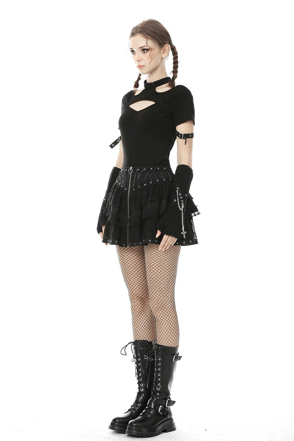 Black ruffled lace gothic mini skirt showing adjustable waist fit and grommet placement for customization