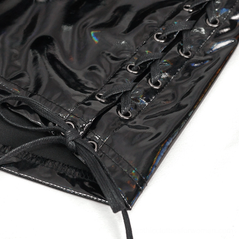 Black faux leather gothic mini skirt model styling with alternative fashion accessories and boots
