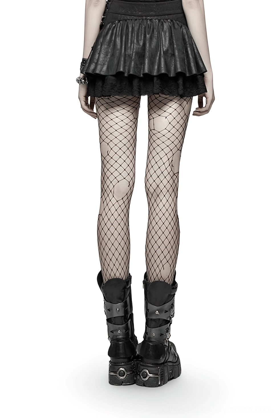 Black gothic mini skirt rear view showing double ruffled layers and platform combat boots styling