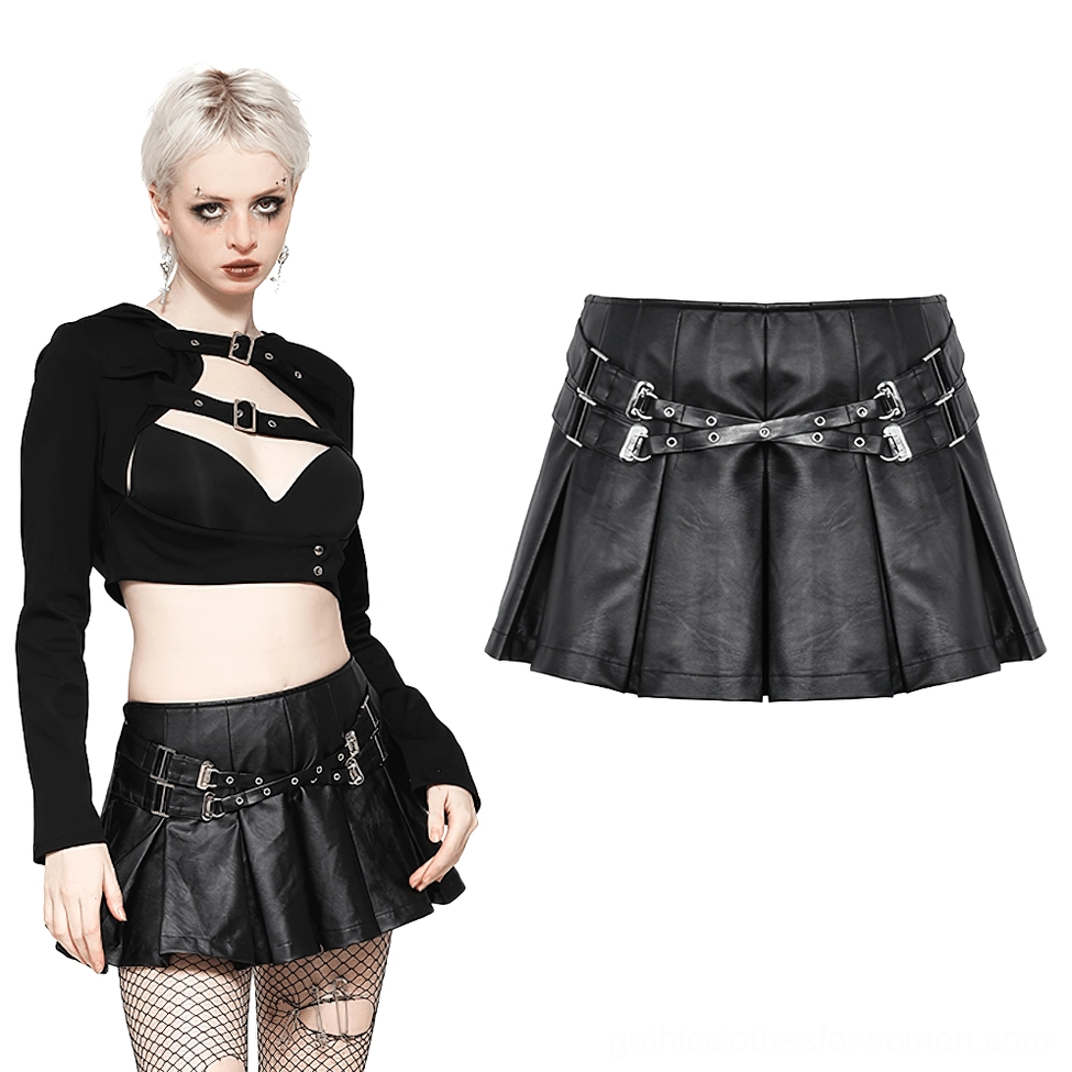 Black gothic mini skirt flat lay product shot combined with on-model wear, demonstrating both styling and construction details