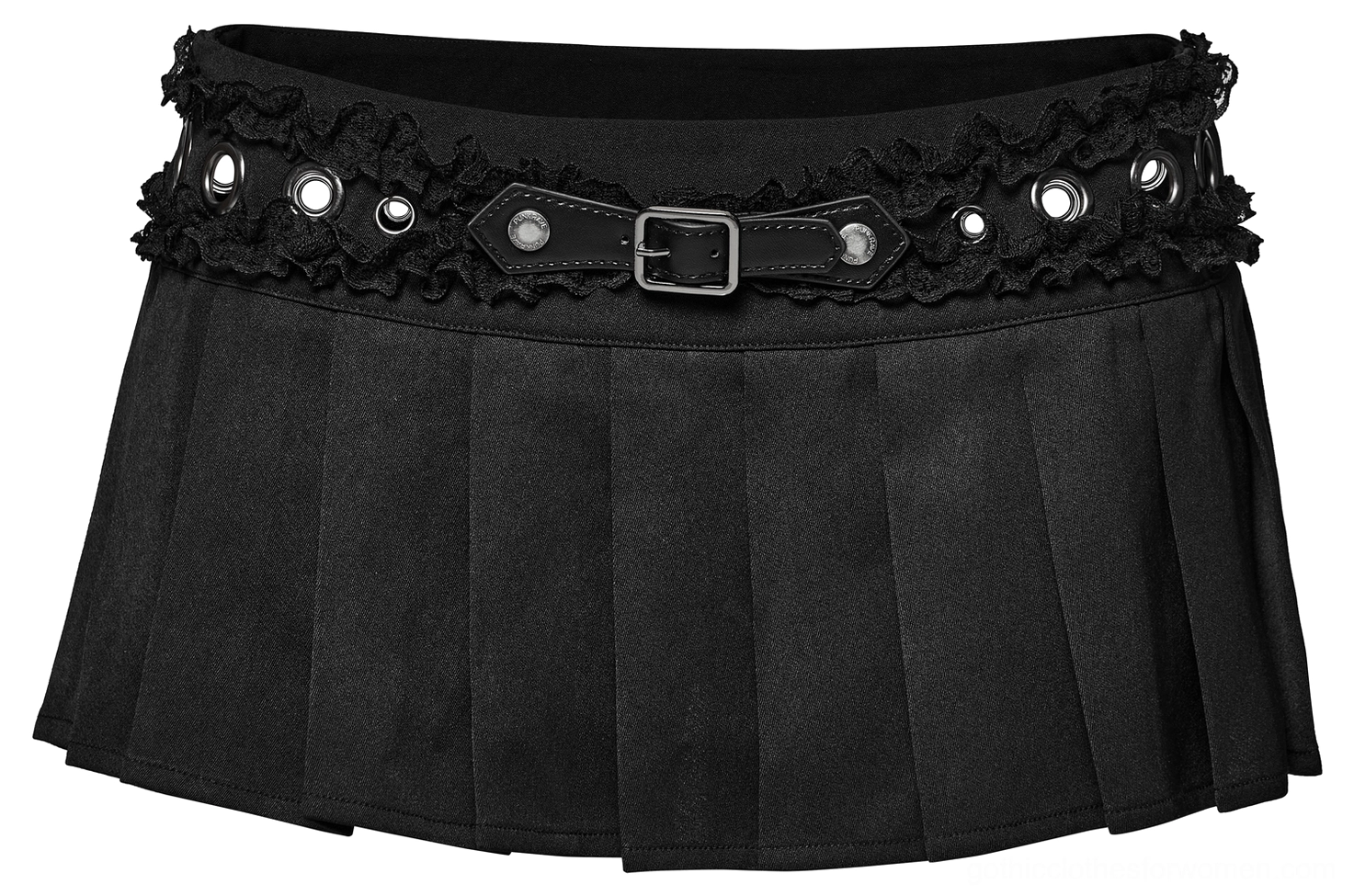 Black gothic mini skirt flat lay front view highlighting metal belt buckle, pleated fabric structure, and ruffled lace waistband detail