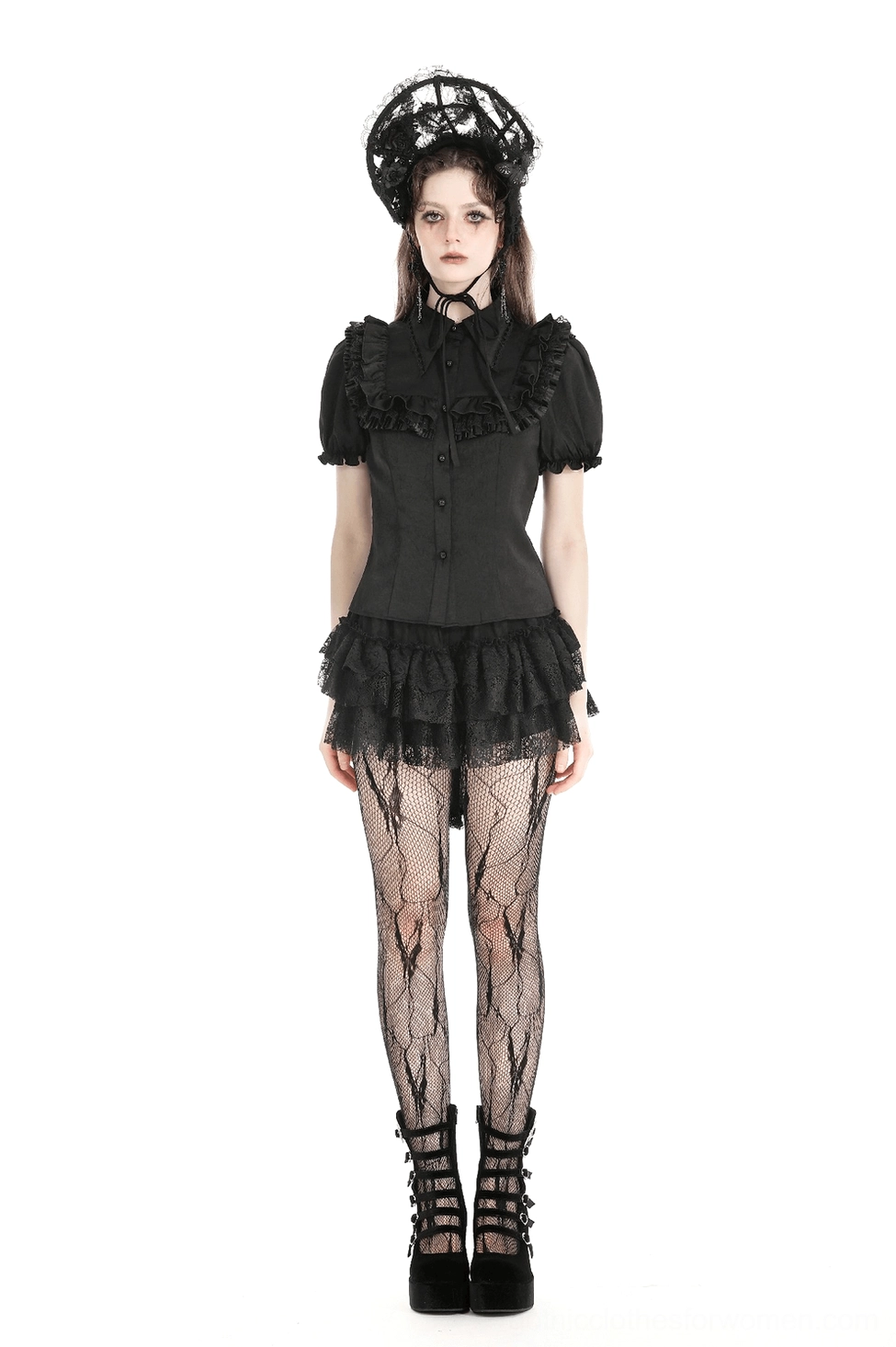 Black tiered ruffle gothic mini skirt - front view flat lay showing waistband and ruffles structure