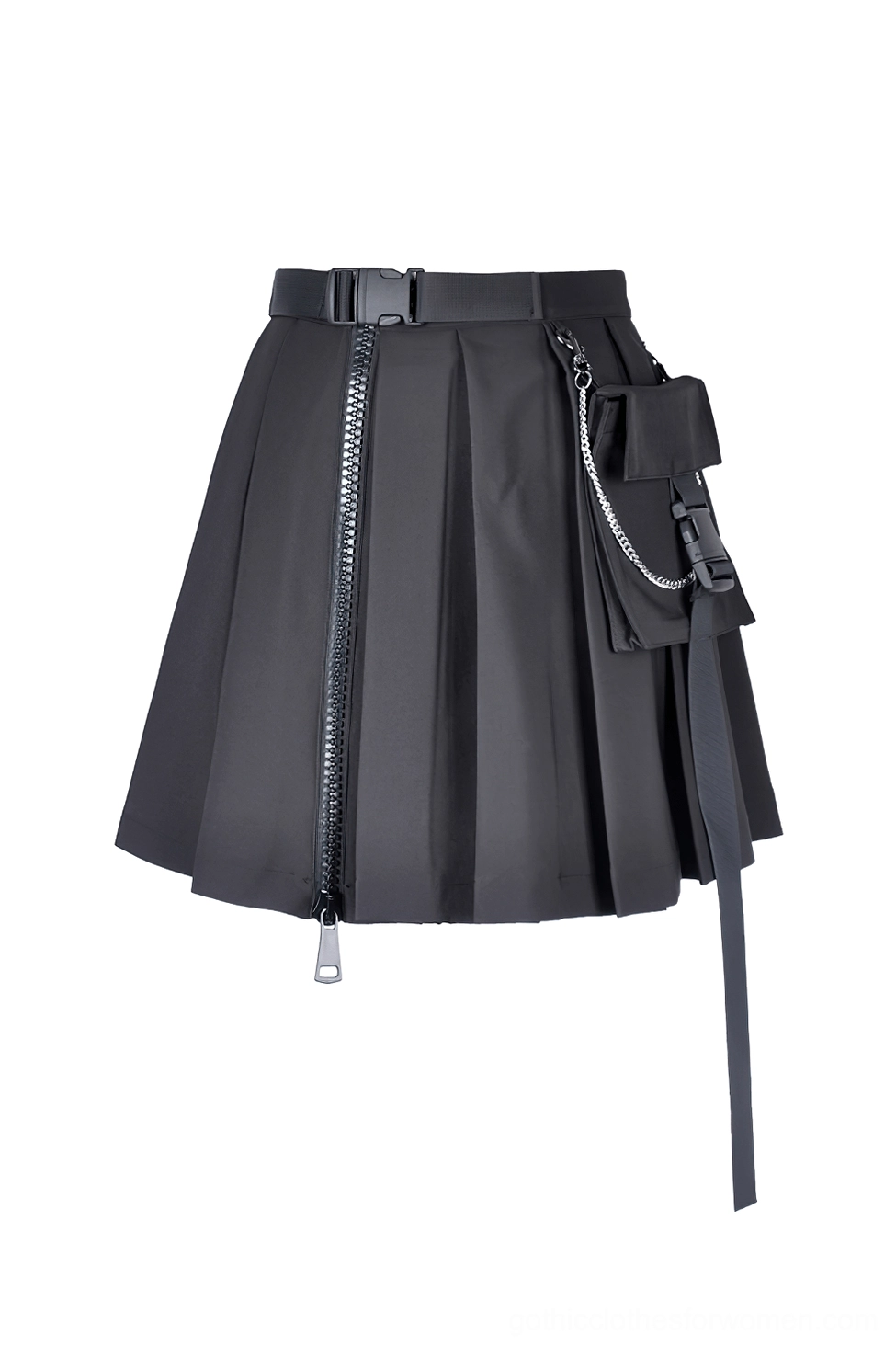 Black gothic mini skirt front flat lay showing front zipper closure and chain pocket utility design