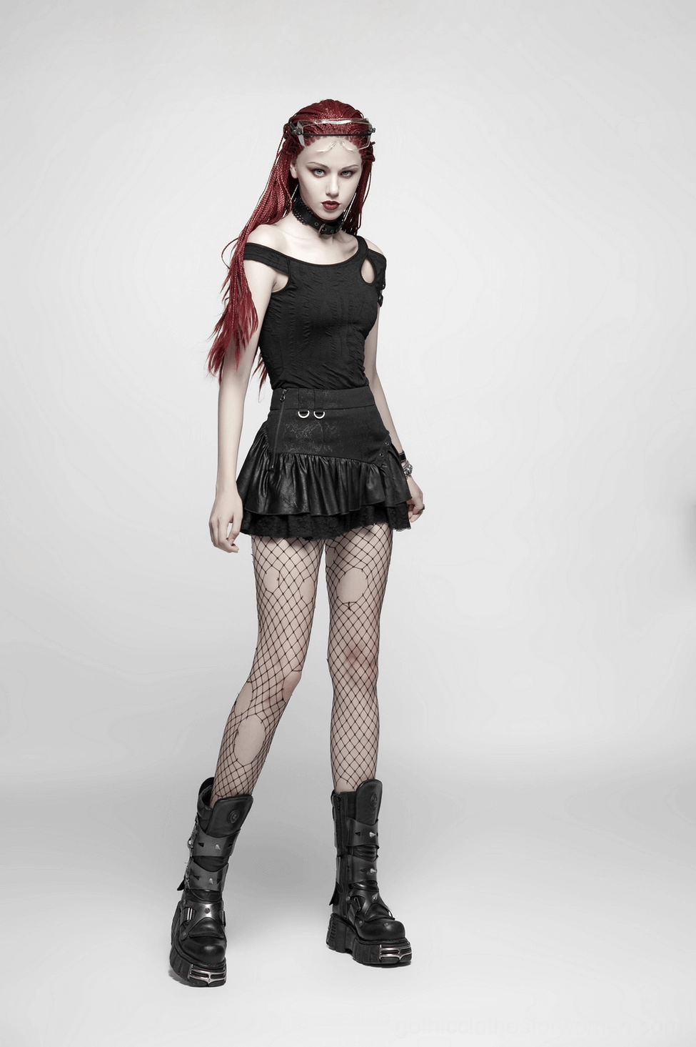 Black gothic mini skirt showcasing high-waisted slim fit design and dramatic ruffle silhouette