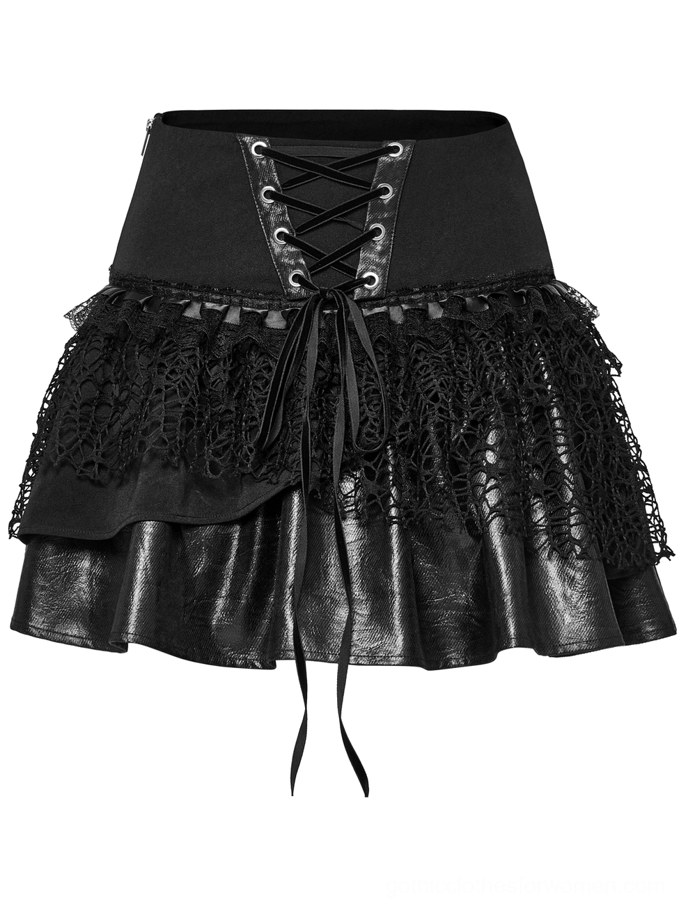 Black gothic mini skirt front flat lay detail showing metal eyelet lace-up closure, drawstring, and layered fabric texture