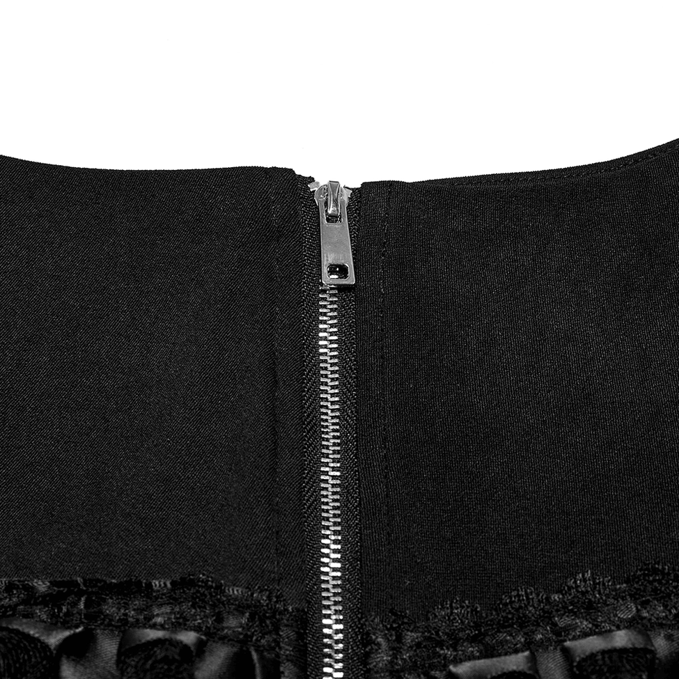 Black gothic mini skirt additional detailed angle showing layered construction and texture of faux leather with mesh inserts