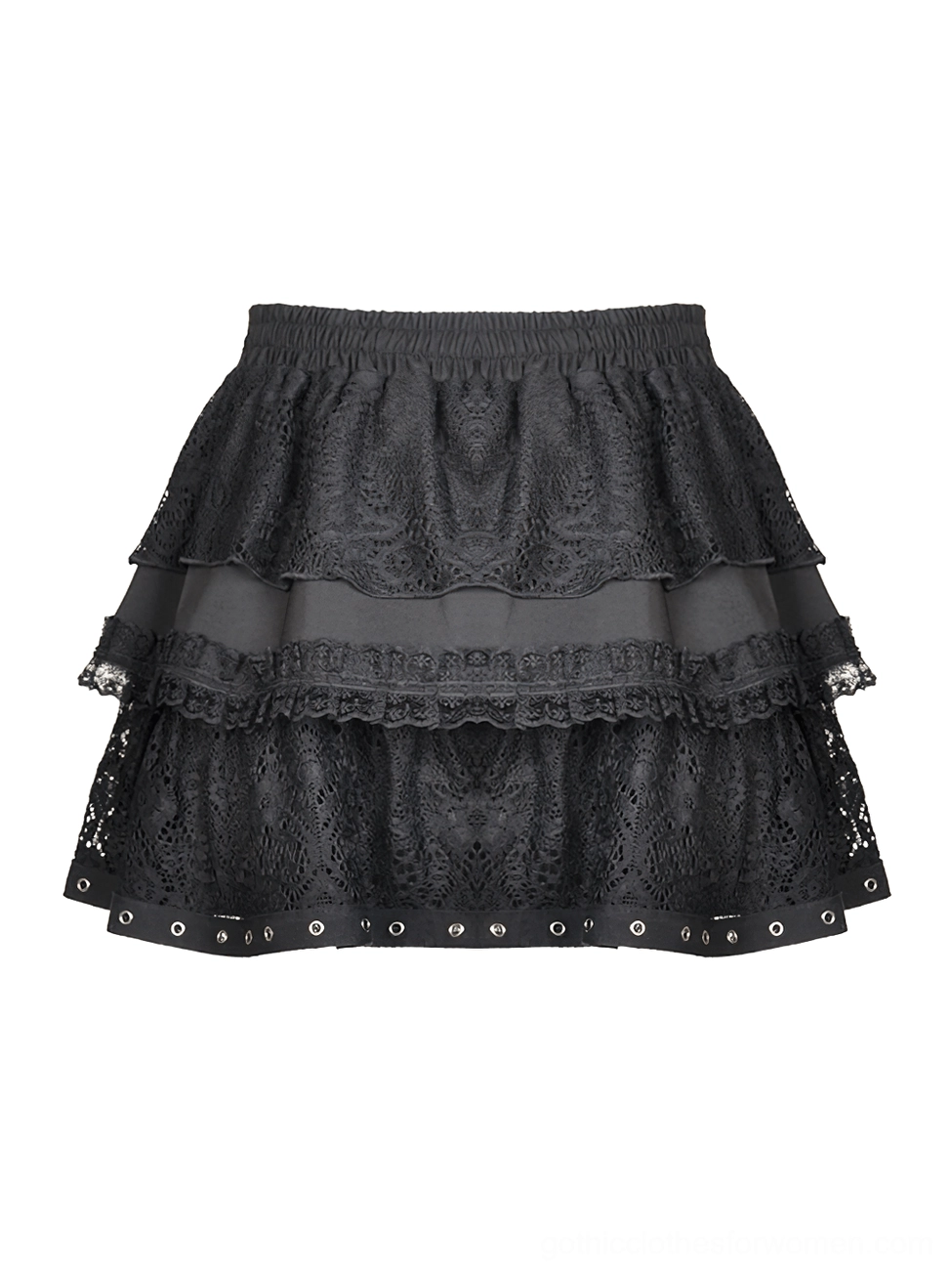 Black ruffled lace gothic mini skirt flat lay front view showcasing layered ruffles and metal eyelet hem