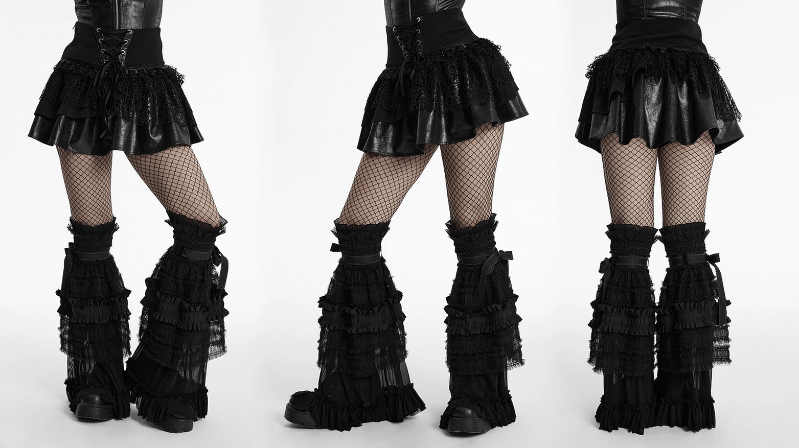 Black gothic mini skirt multi-angle product view showing complete lace-up front, side zipper, and all textural details combined