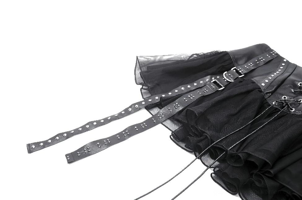 Side flat lay of black gothic mini skirt displaying mesh ruffle hem and studded hanging straps