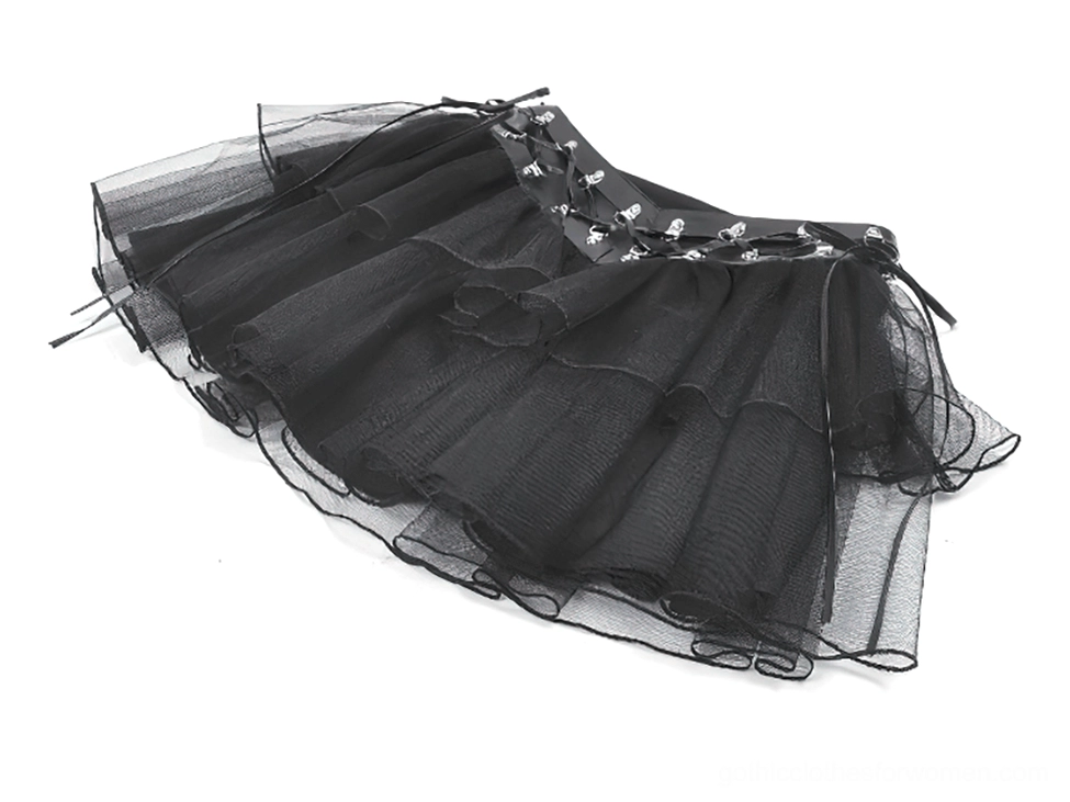Black gothic mini skirt side view flat lay showcasing the architectural layering and tiered tulle construction