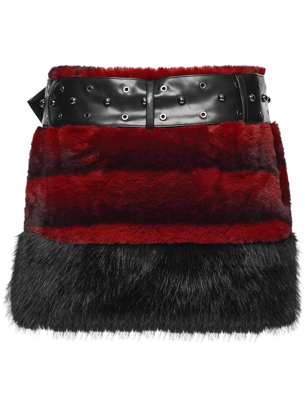 Side view flat lay of red faux fur gothic mini skirt with studded leather waistband and black hem trim