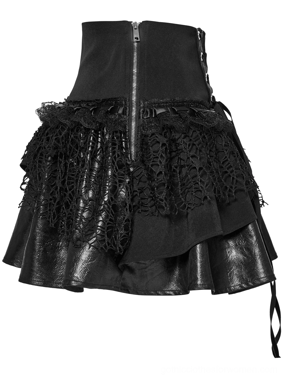 Black gothic mini skirt side flat lay view displaying back zipper closure, side drawstring adjustment, and layered hem ruffles