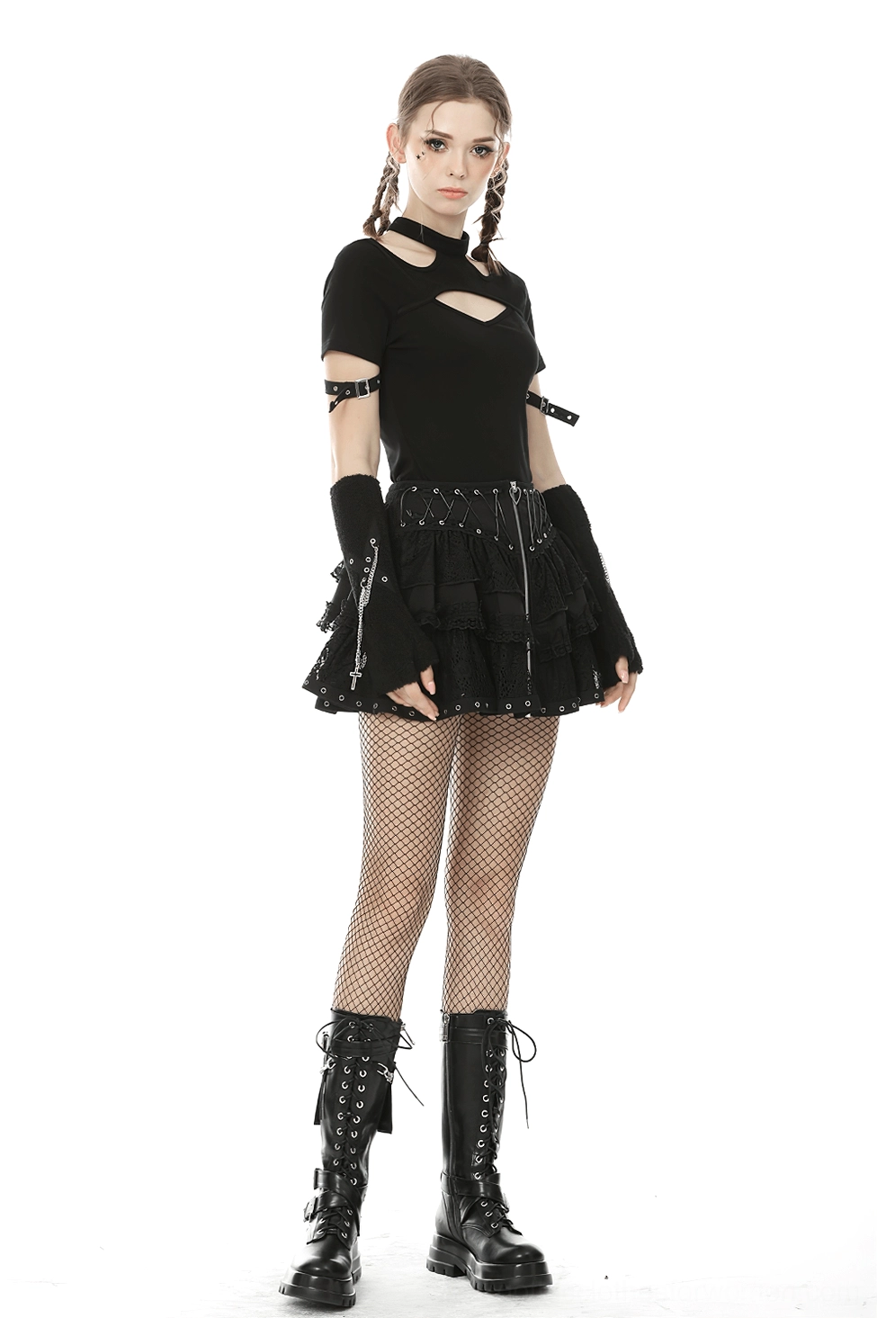 Black gothic mini skirt with heart lacing styled on model showing silhouette and mini length proportion