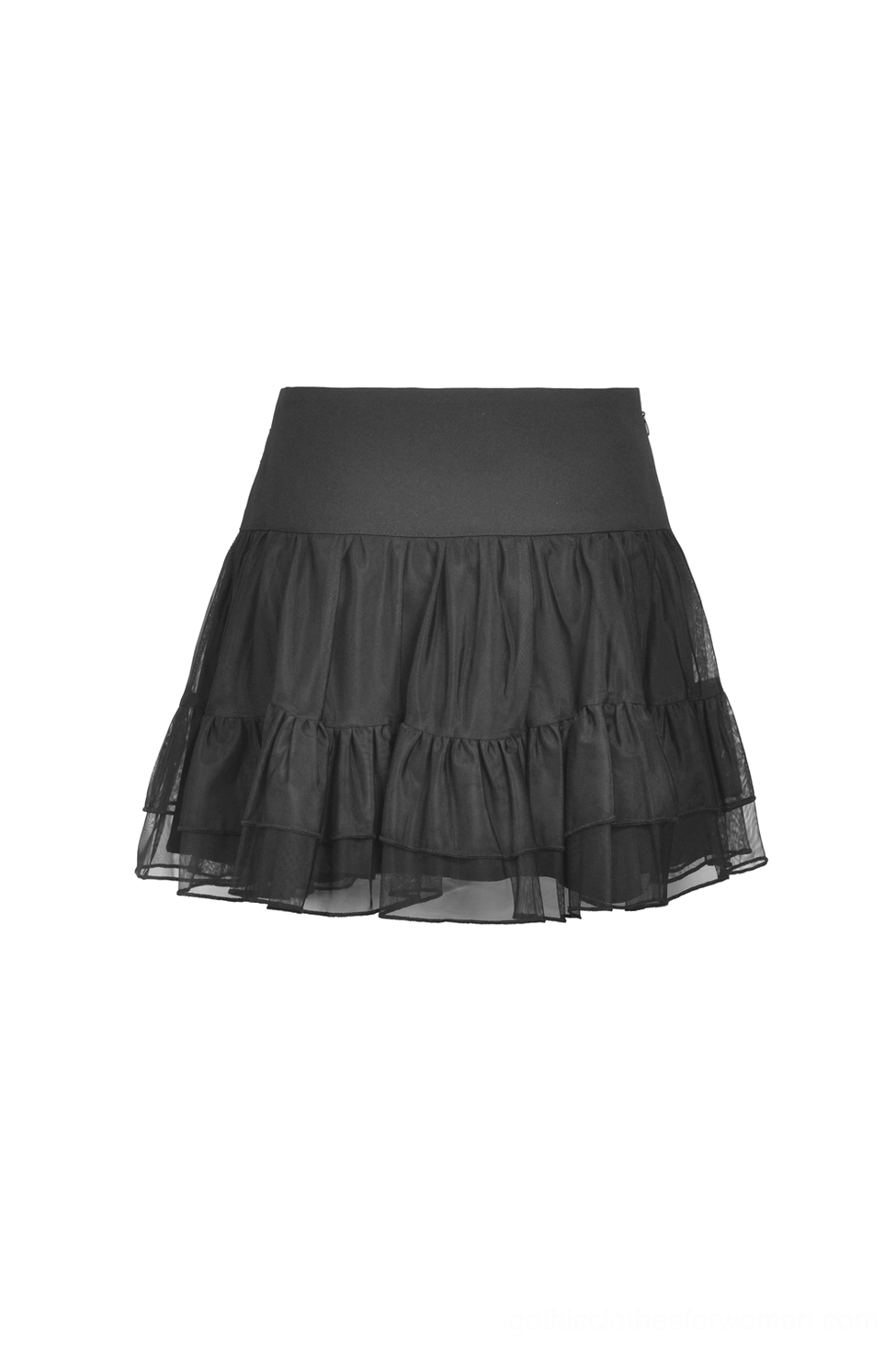 Black gothic mini skirt tiered mesh design front flat lay with plain waistband detail