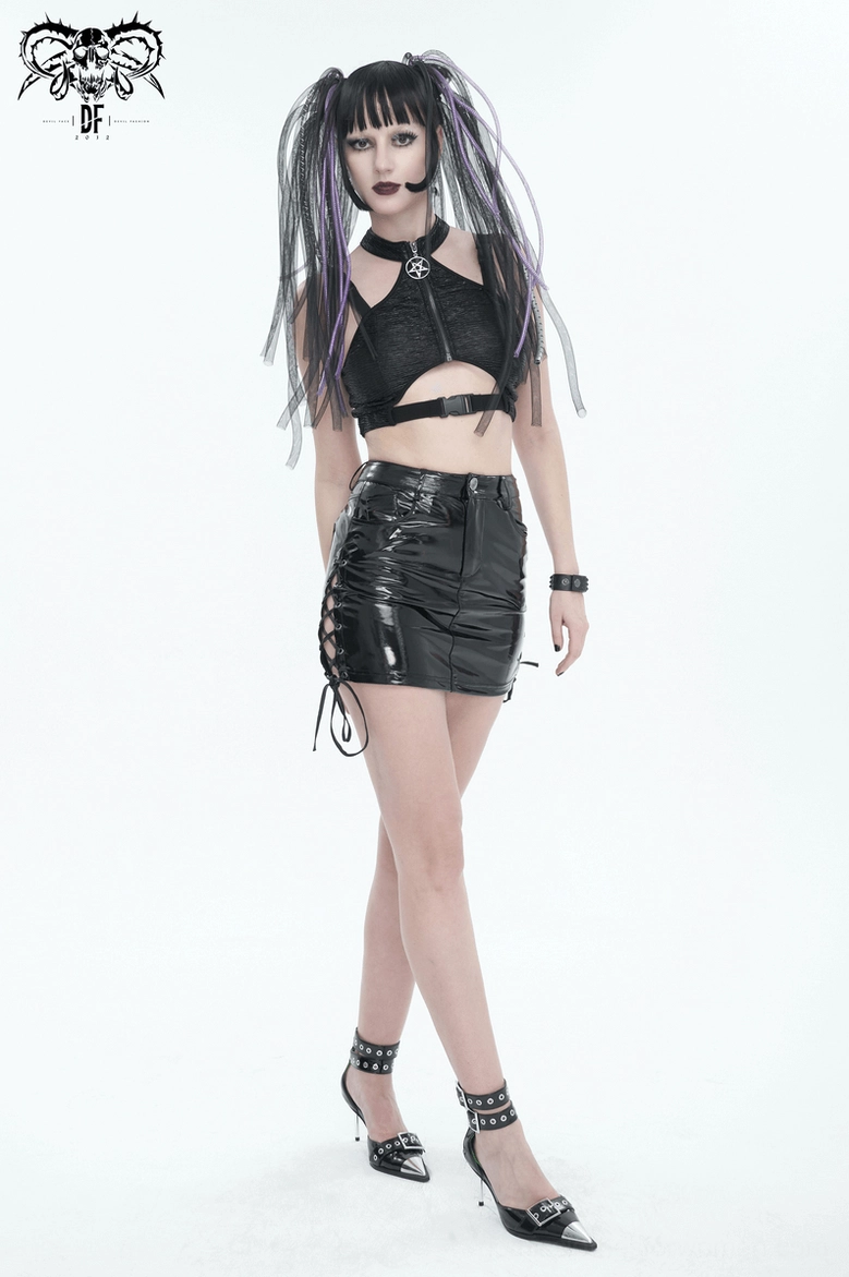 Black faux leather gothic mini skirt close-up of waistband button closure and lace-up grommet design