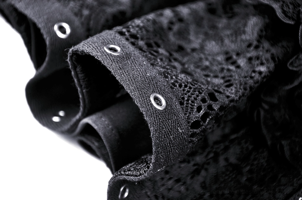 Black heart-laced gothic mini skirt sizing and fit detail showing waist adjustability and construction