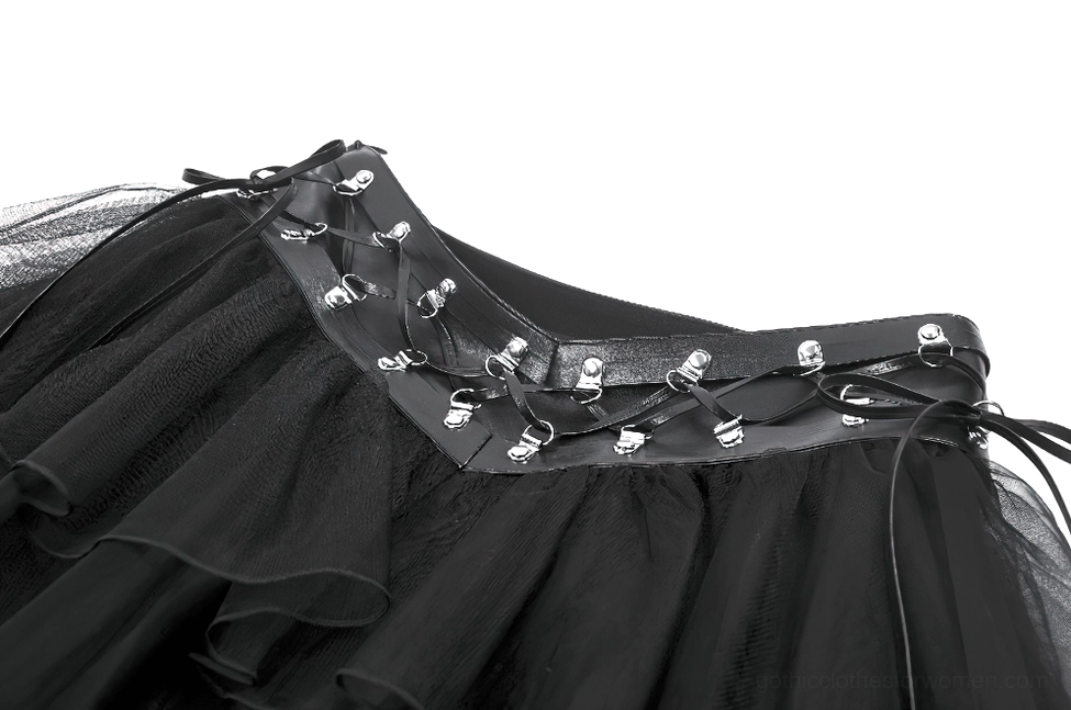 Close-up top view of black gothic mini skirt waist hardware showing lace-up metal buckles and leather trim details