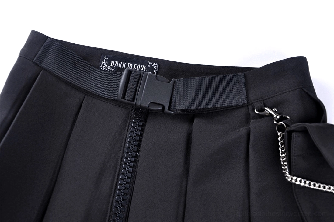 Black gothic mini skirt waist detail close-up showing metal hardware front zipper and branded belt buckle