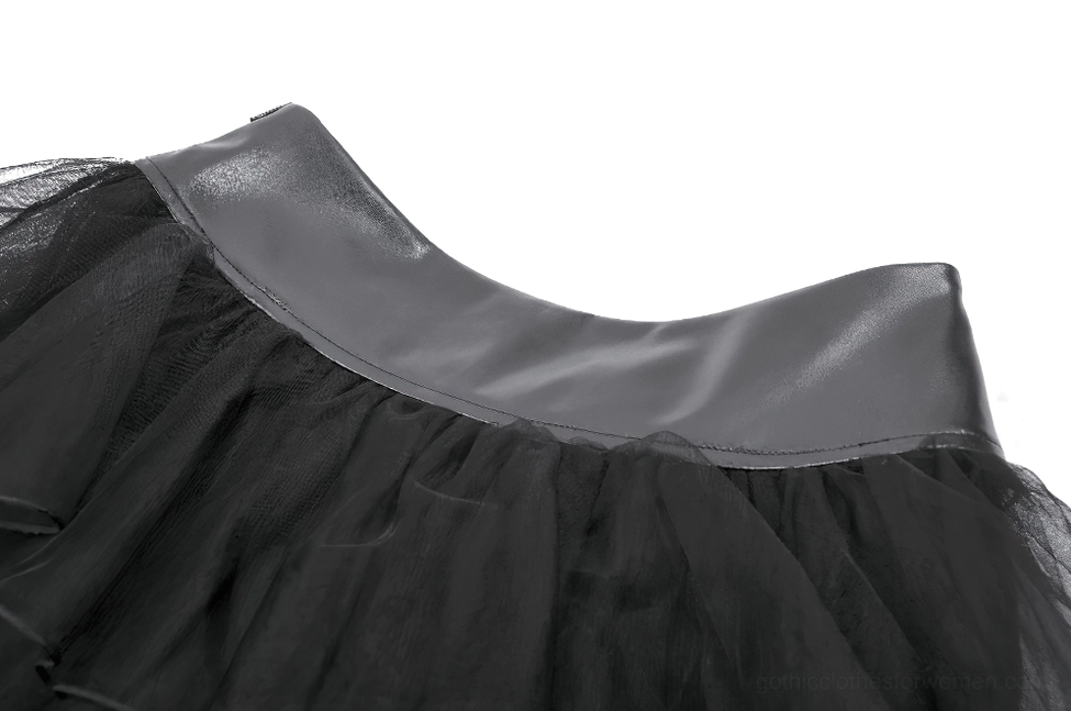 Black gothic tulle mini skirt waistband close-up side view showcasing smooth faux leather and metal accents