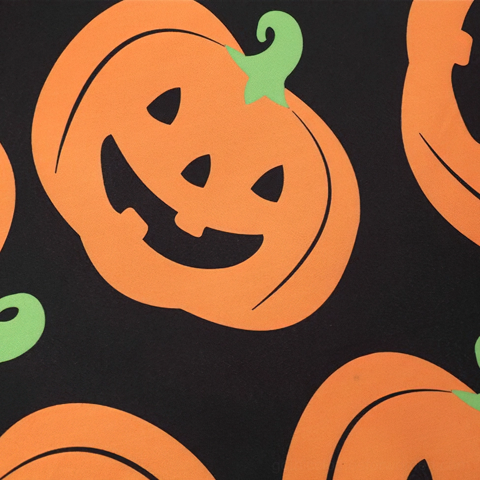 Black gothic dress with mixed Halloween print featuring pumpkins skulls and bats