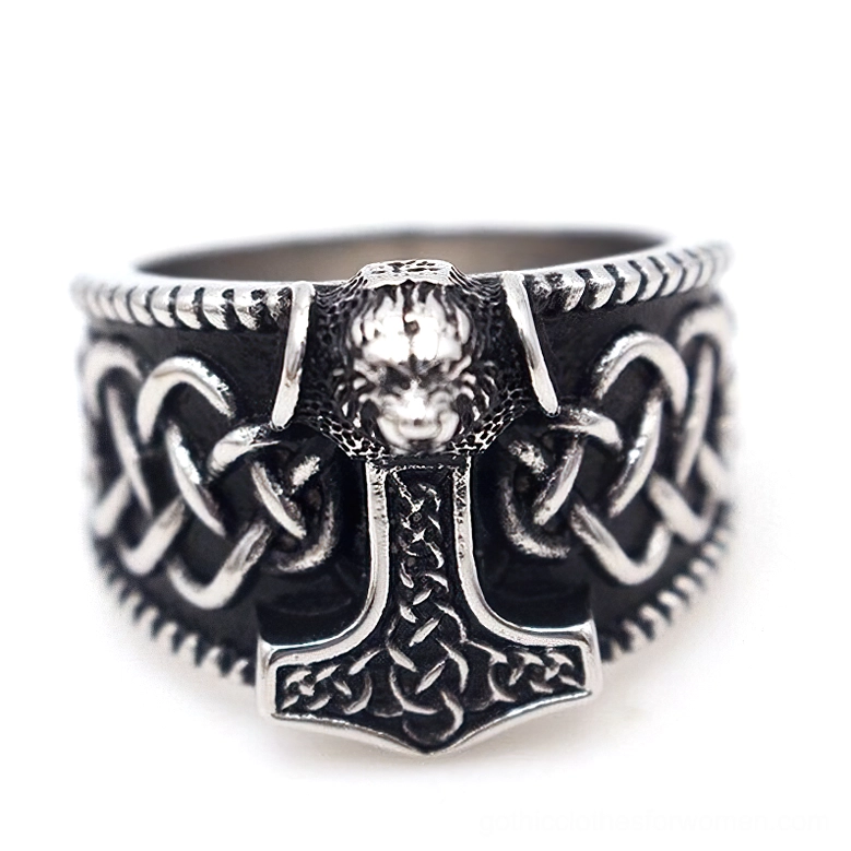 Norse Mjolnir Celtic knot gothic ring stainless steel front view with beast head ornament