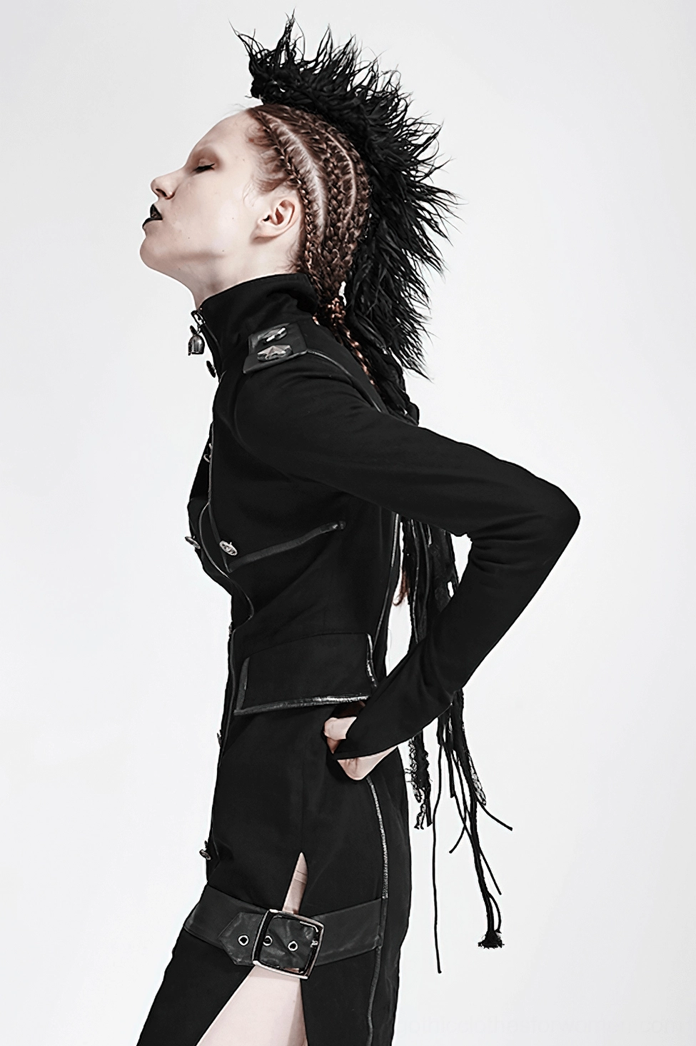 Black mohawk hair accessory styled on female goth model front side profile showing integration with braided hair