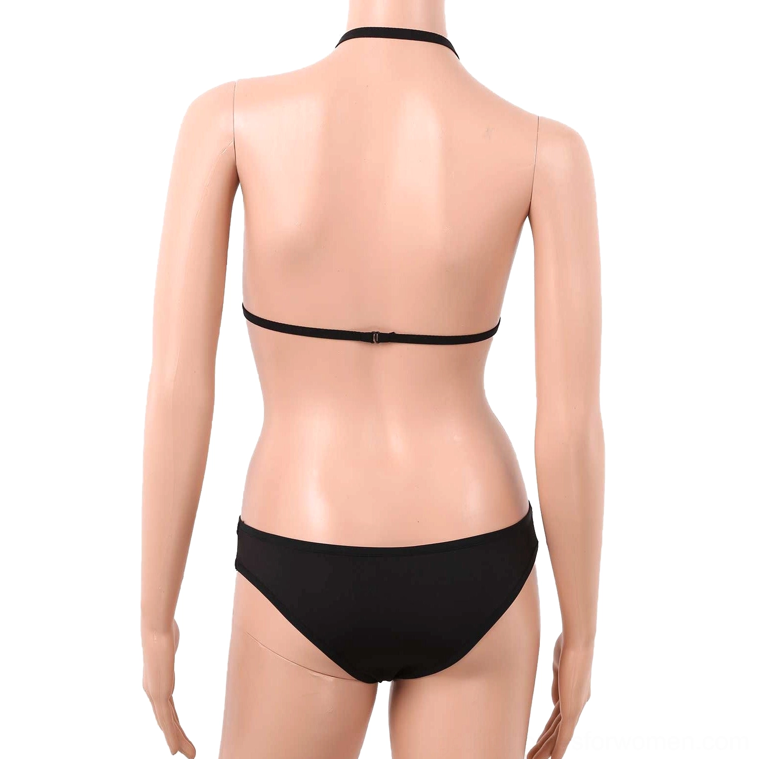 Black gothic monokini back view showing halter strap and rear strappy details, displaying back cutout design