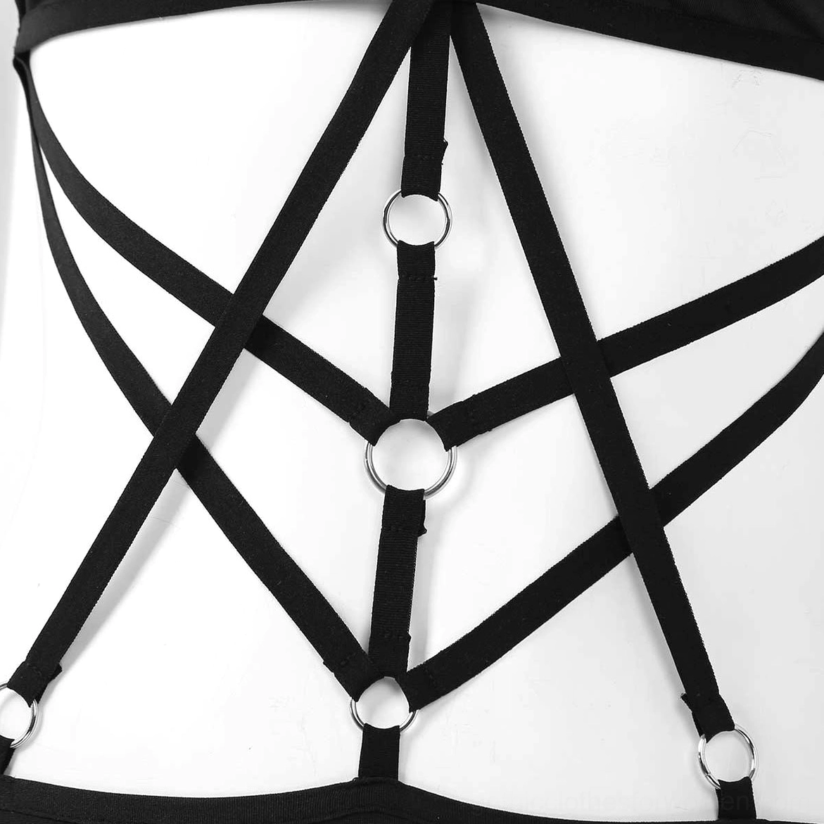 Black gothic monokini full-length front view on mannequin displaying overall silhouette and strappy design