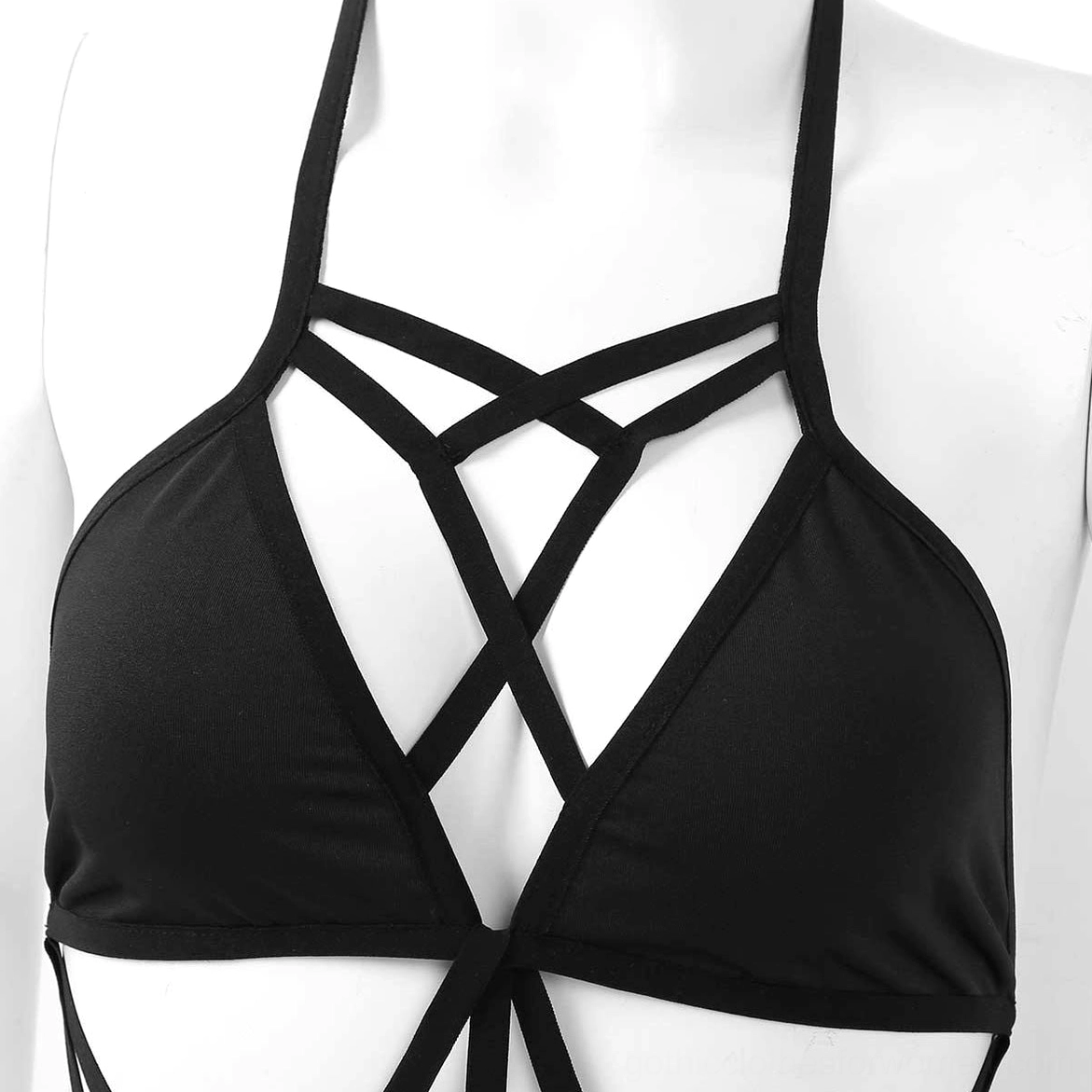 Black gothic monokini close-up view of halter neck construction and upper strap configuration