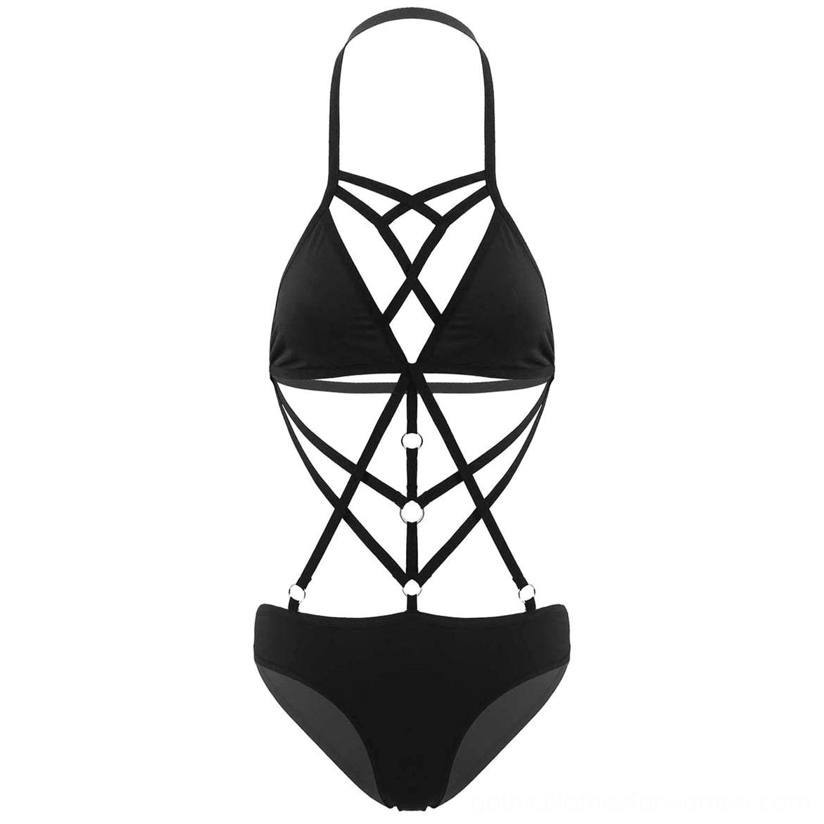 Black gothic monokini with multiple metal rings on crisscross straps, halter design front view demonstrating industrial aesthetic