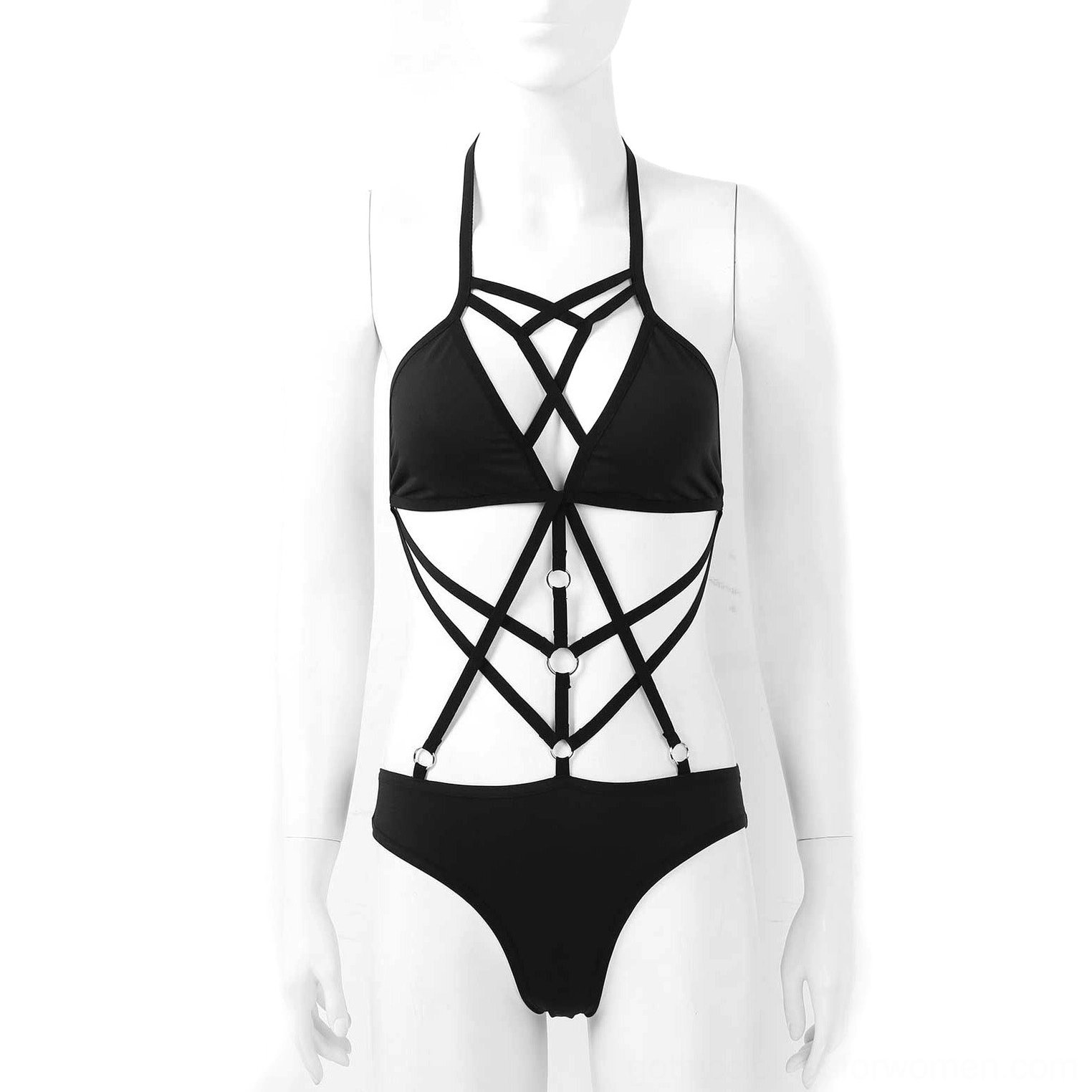 Black gothic monokini on mannequin displaying halter neck, crisscross straps with metal ring accents and full front view